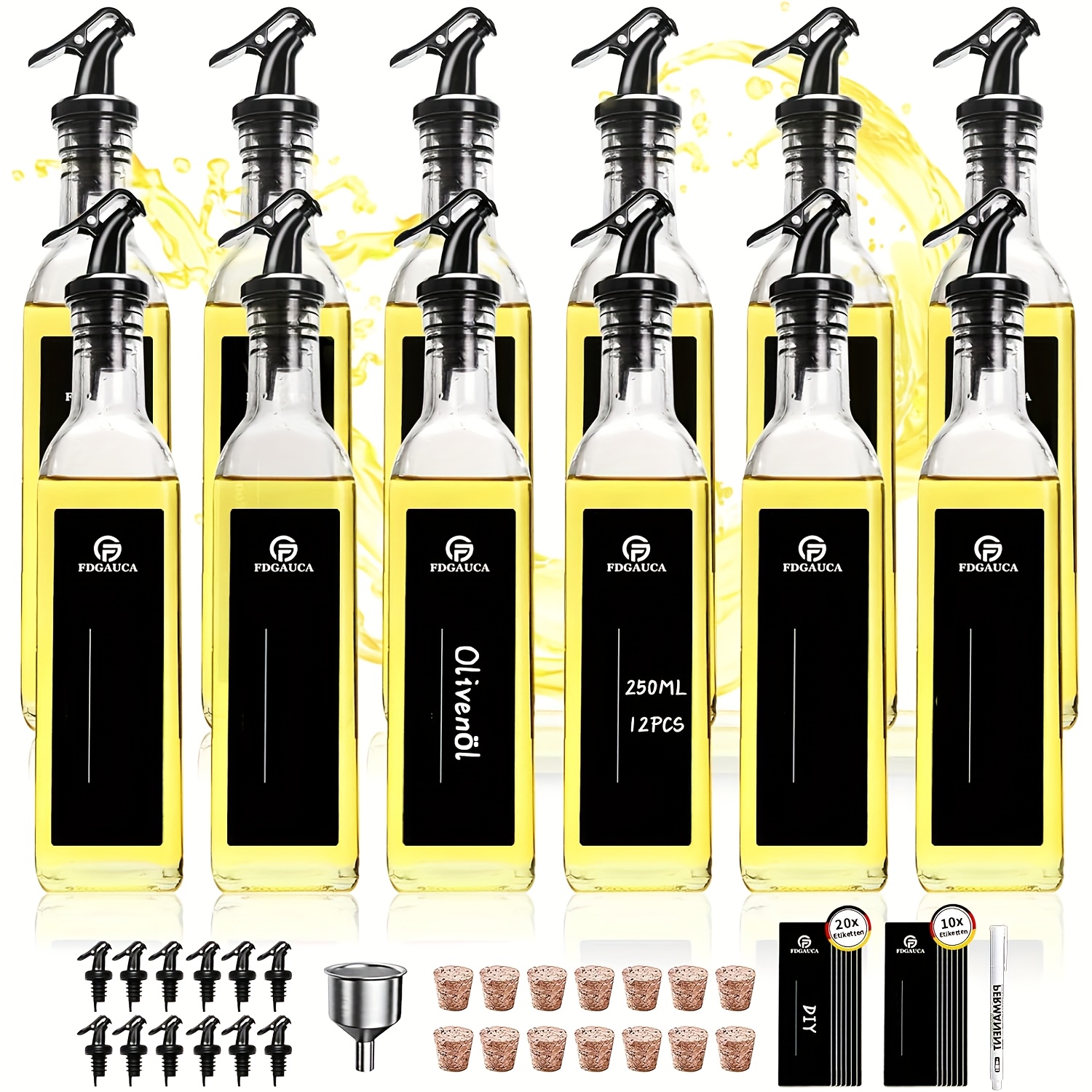 TEMU Set Of 6/12 Oil And Vinegar Dispensers 250ml | Transparent Glass Bottles With Black Labels | Storage Jars For Kitchen Liquids | Dispenser Set