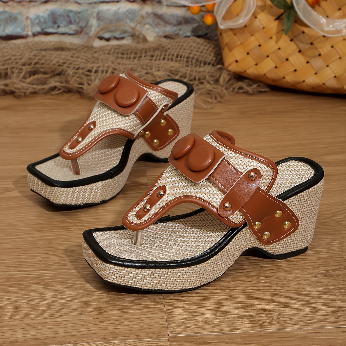 Faux Woven Sole, Lace-up, Everyday and Vacation Gift, Comfortable Non-tiring Women's High Heel Wedge Sandals, Women Shoes