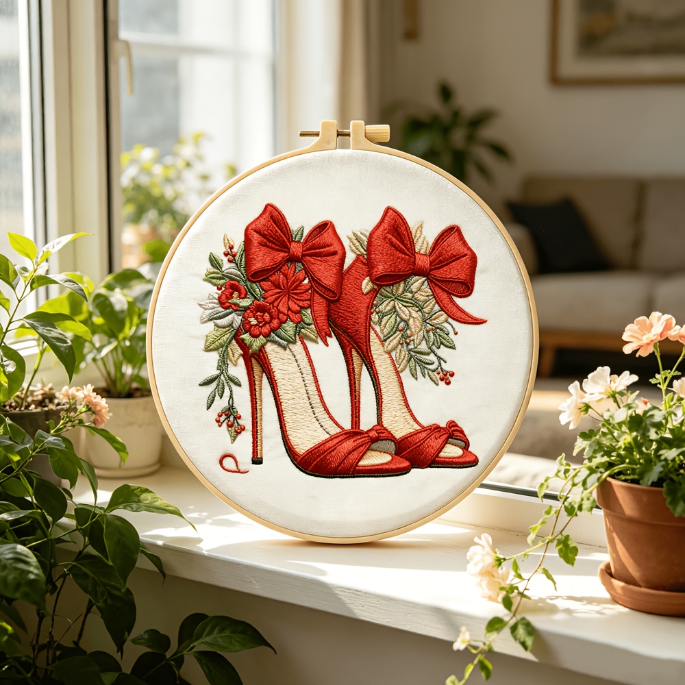 Complete DIY Embroidery Kit, Vintage Red High Heel & Floral Bow Design
