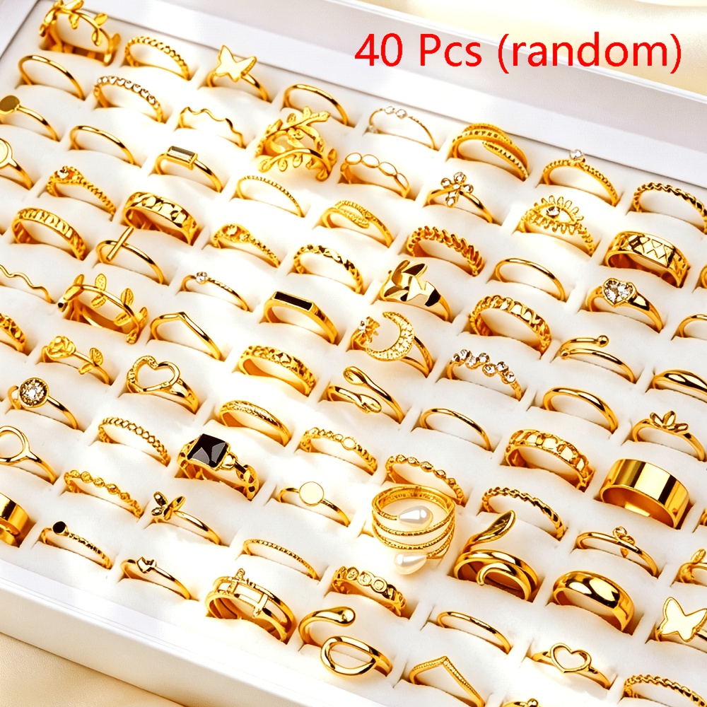 TEMU 40pcs Heart Rings, Elegant And Cute Mixed Styles Multi-piece Set, Finger Accessories For Parties, Vacations, And Daily Wear, Fashion Jewelry