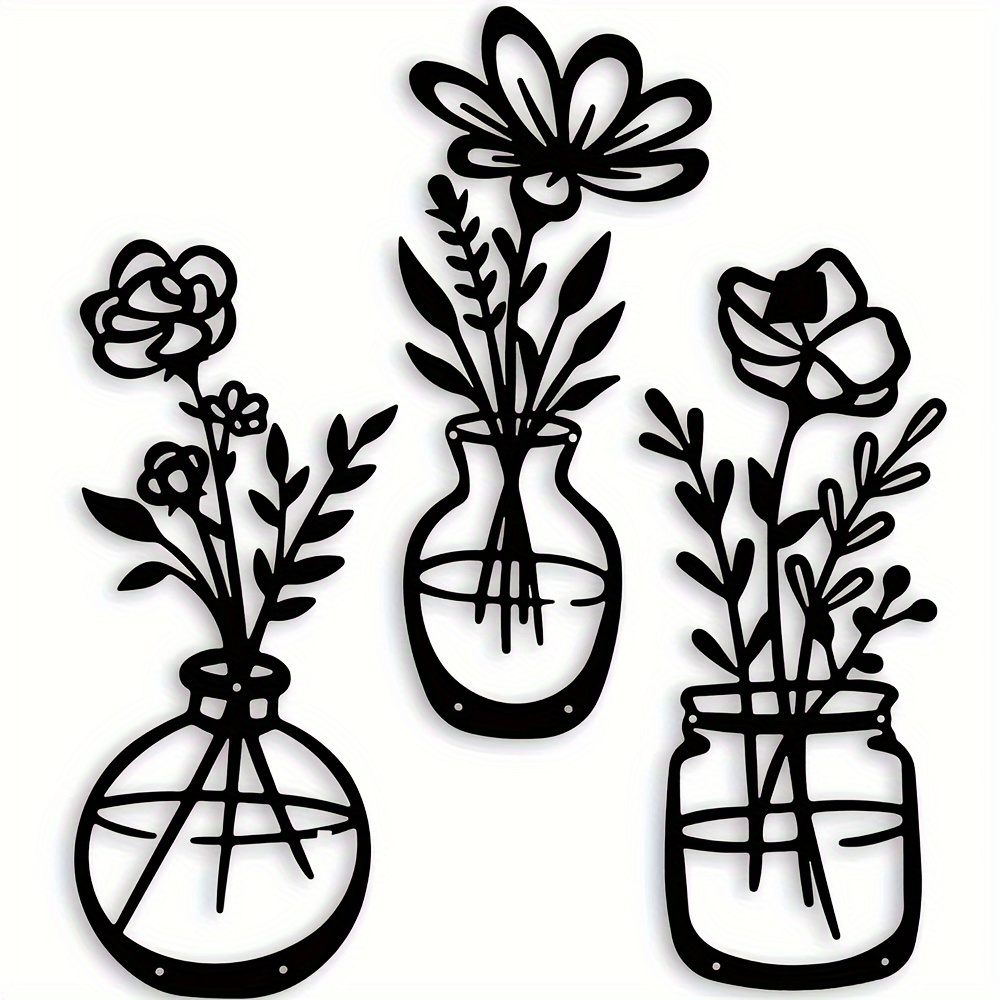 

3pcs Black Metal Flowers Wall Decor Metal Vase Wall Art Metal Wall Sculptures Hanging For Indoor Kitchen Bathroom Bedroom Living Room,14.56x5.9 Inches