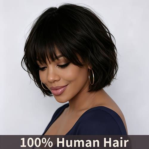 straight bob human hair wigs with bangs for women none lace front wigs human hair full machine made human hair wig brazilian human hair wig wig natural density holiday wear party wear