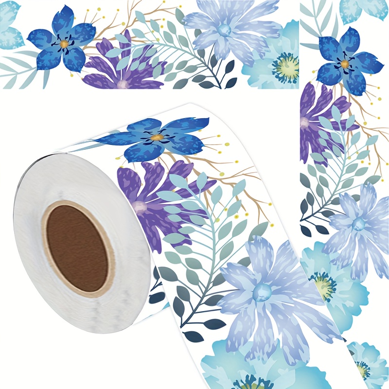 TEMU 1 Roll Extra Long 37.7ft (11.5m) Floral Decoration Border Tape - Self-adhesive , Elegant Blue Purple Golden Floral Pattern In Soft Pastel Colors