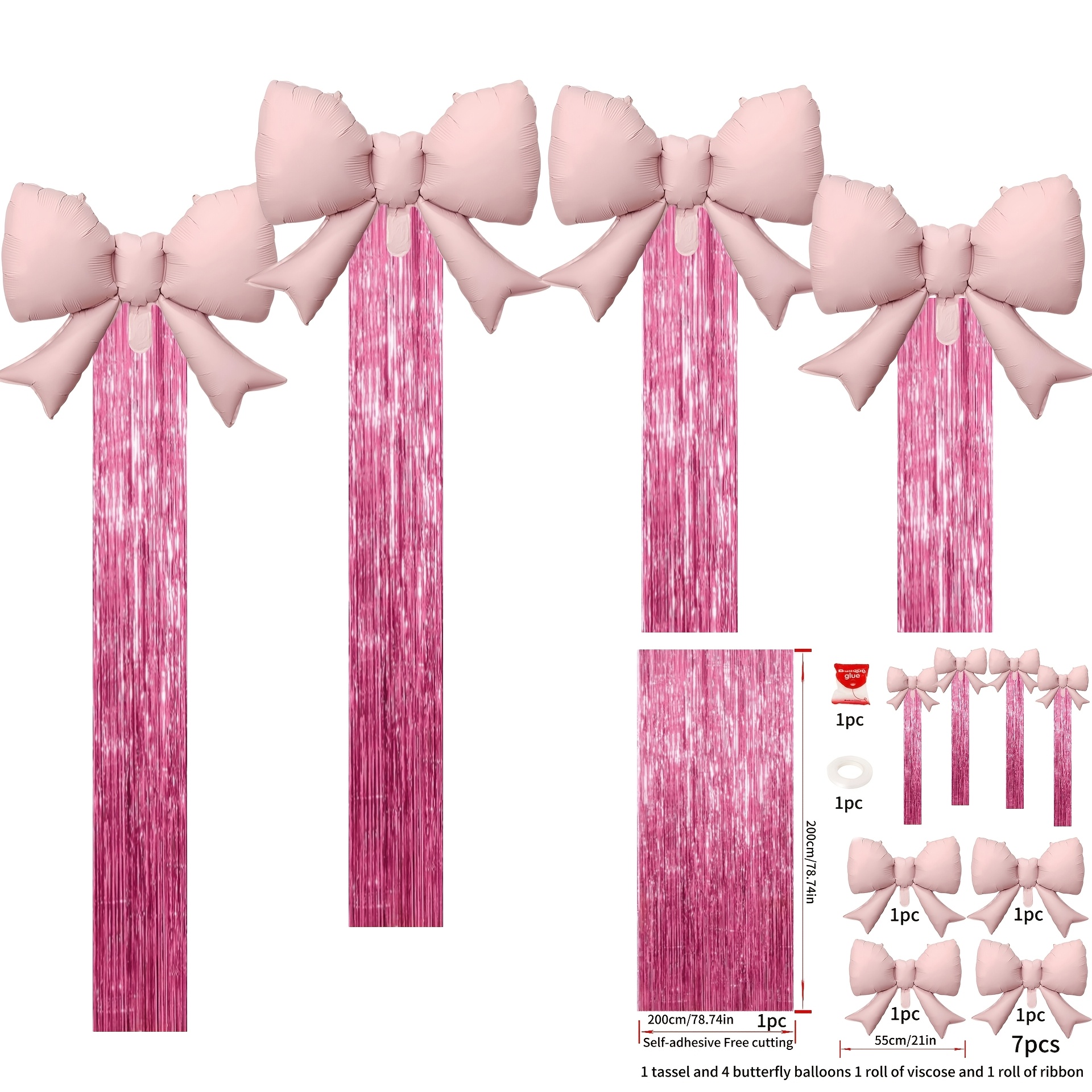 TEMU 7pcs Pink Bow Balloon Garland Set, 21-inch Pink Bow Foil Balloons And 78.7-inch Tassel Backdrop, With , Ribbon, For Birthday, Wedding,