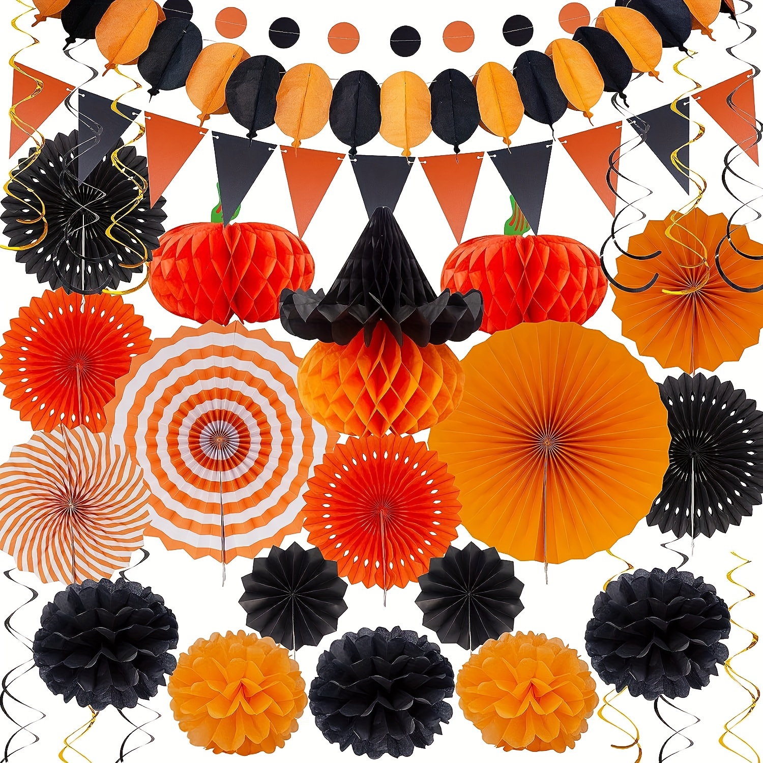 

Halloween Party Decoration Kit, 33-piece Set With Paper Fans, Pom Poms, Honeycomb Balls, Triangle Bunting, Hanging Swirls – Versatile Paper Decor For All Ages, Diy Assembly, Festive Halloween Theme