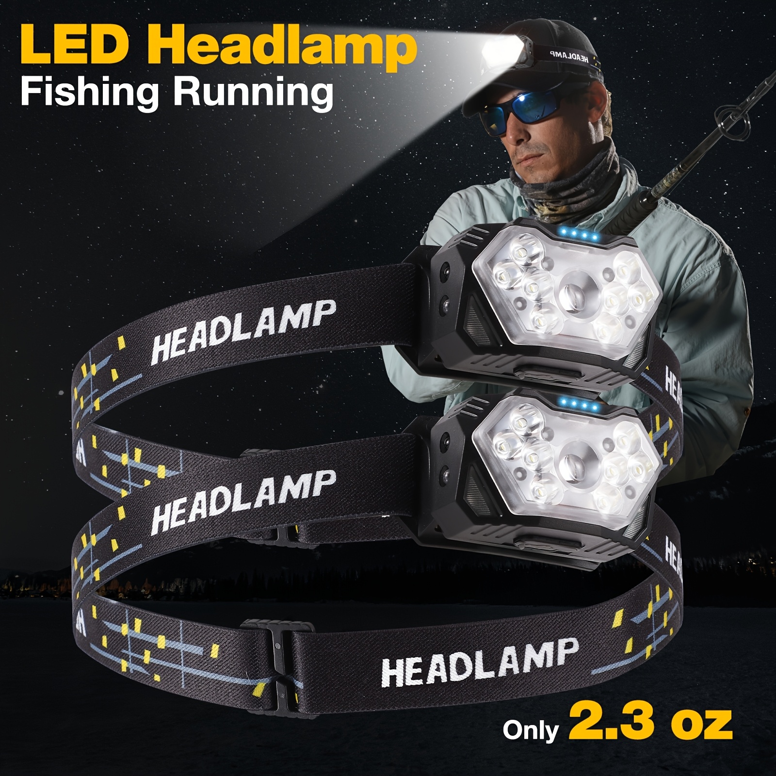 

2pcs 2500lumen - Rechargeable, 6 With Red Light Sensor, Camping, Hiking, Running & Fishing