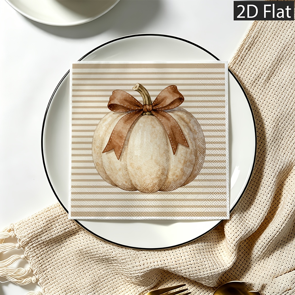 TEMU Lot de 20 serviettes en papier jetables 2D plates, fond rayé avec nœud marron citrouille beige, 2 épaisseurs pour une durabilité accrue -