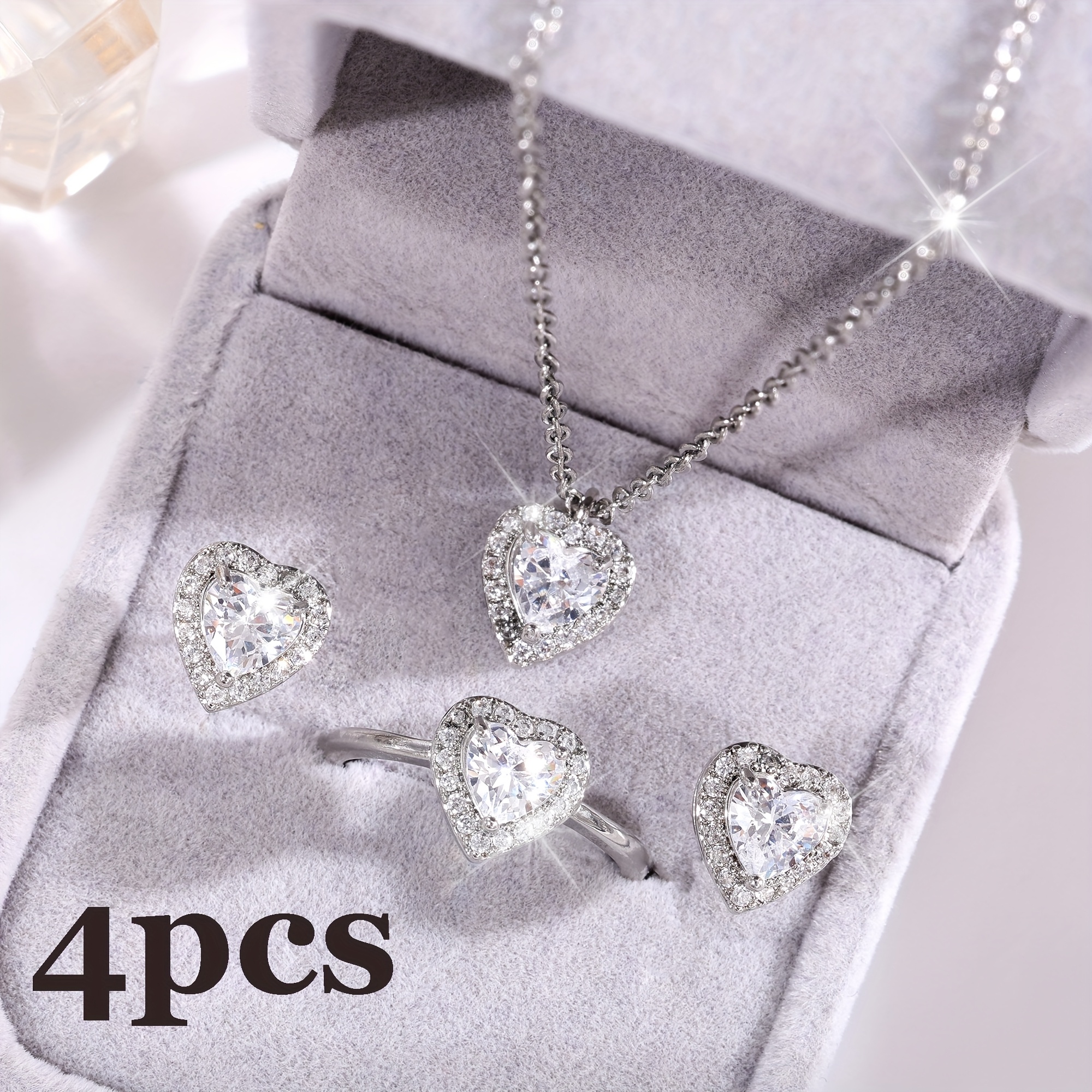 TEMU 4pcs Fashion Jewelry For Women 1pc Heart Shaped Necklace+a Pair Of Heart Shaped Earrings+1pc Heart Shaped Open End Ring Elegant Heart Shaped