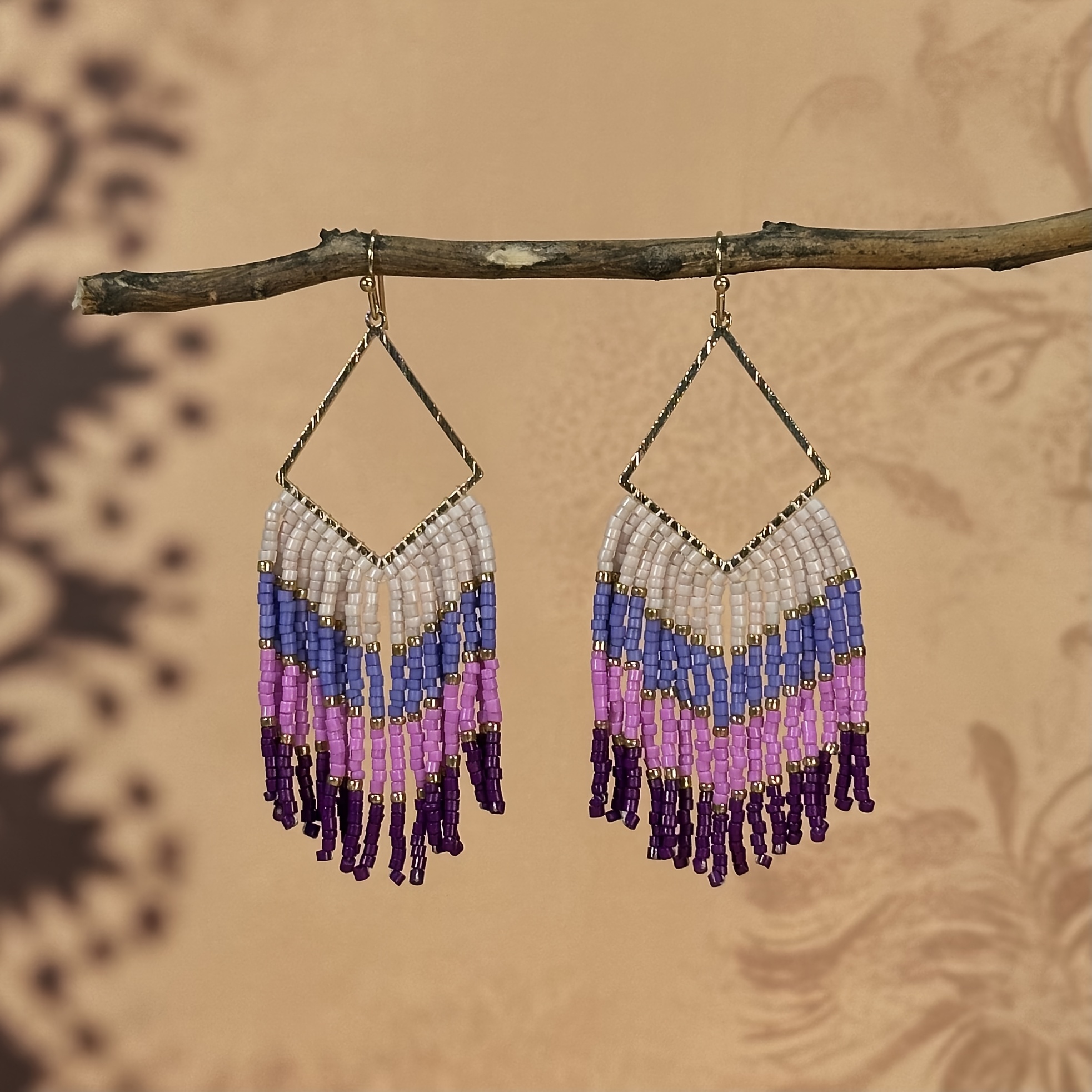 Women's Handmade Beaded Tassel Earrings, Rhombus Frame