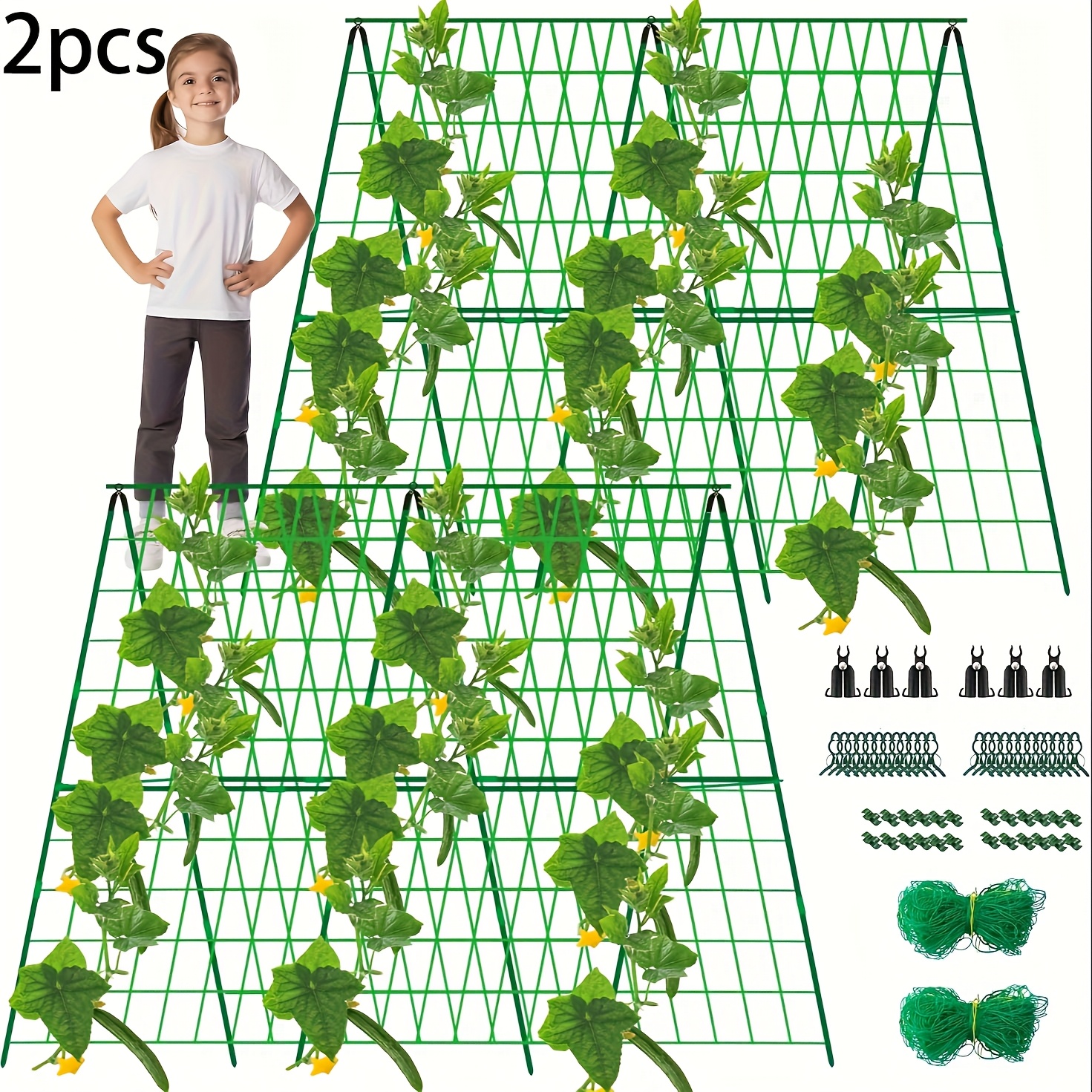 TEMU 2 Packs 48" X 48" Foldable Cucumber Trellis For Raised Bed- Garden Trellis For Climbing Plant Outdoor With Climbing Net & Plant Support Clip For