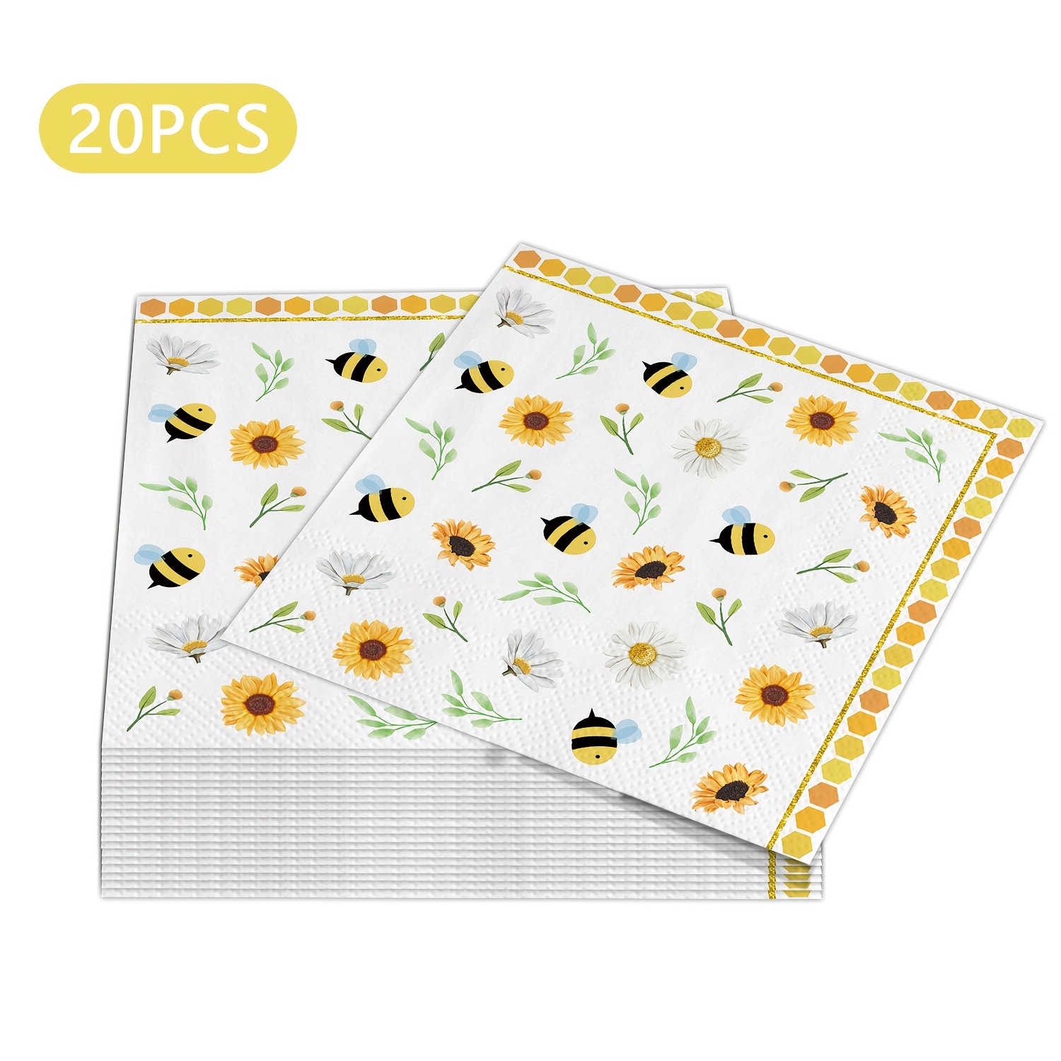E-shop 20 Stück/100 Stück Bienen-Papier-Servietten 6,5 x 6,5 Zoll Hummeln-Gänseblümchen-Druck Einweg-Servietten Gelbe Waben-Mittagessen-Servietten für