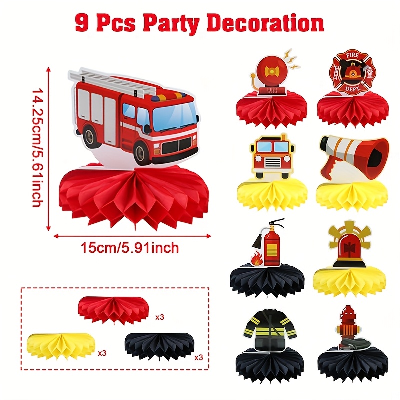 Image of Set Of 9 Honeycomb Decorations Featuring Firetrucks, Perfect For Firefighter-themed Table Centerpieces At Birthday Celebrations