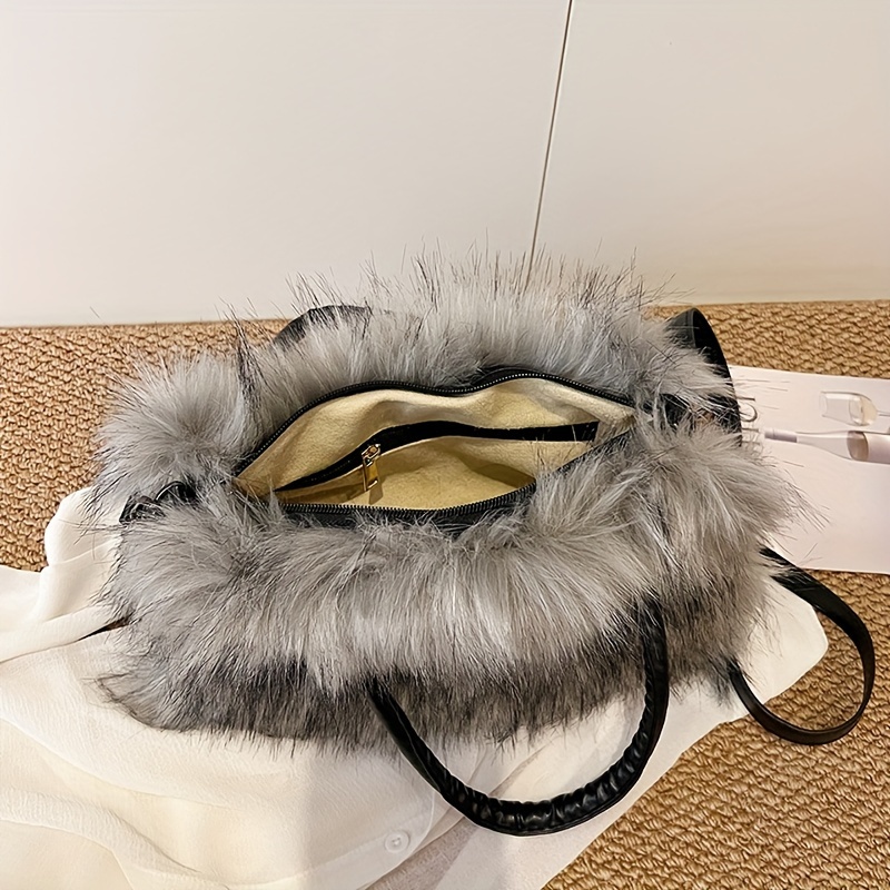 Sac à Bandoulière En Fourrure Synthétique Pour Femme, Mode 2000s Sac à Bandoulière Vintage, Sac à Main En Fausse Fourrure Moelleux, Sac à Main Casual, Sacs À Main Shopper Femme (Blanc