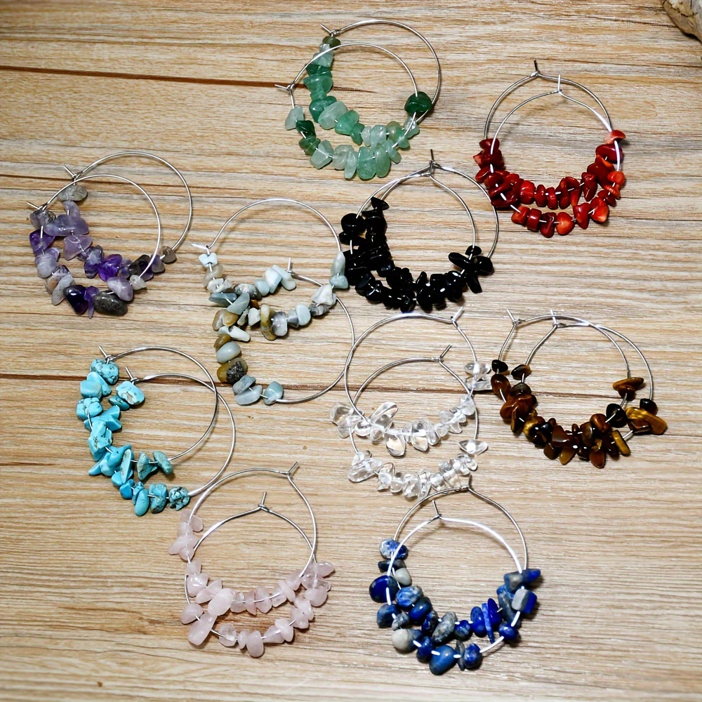 5pcs Boho Stone Earrings Set Amethyst Rose Quartz Mixed Gems Crystal Hoops