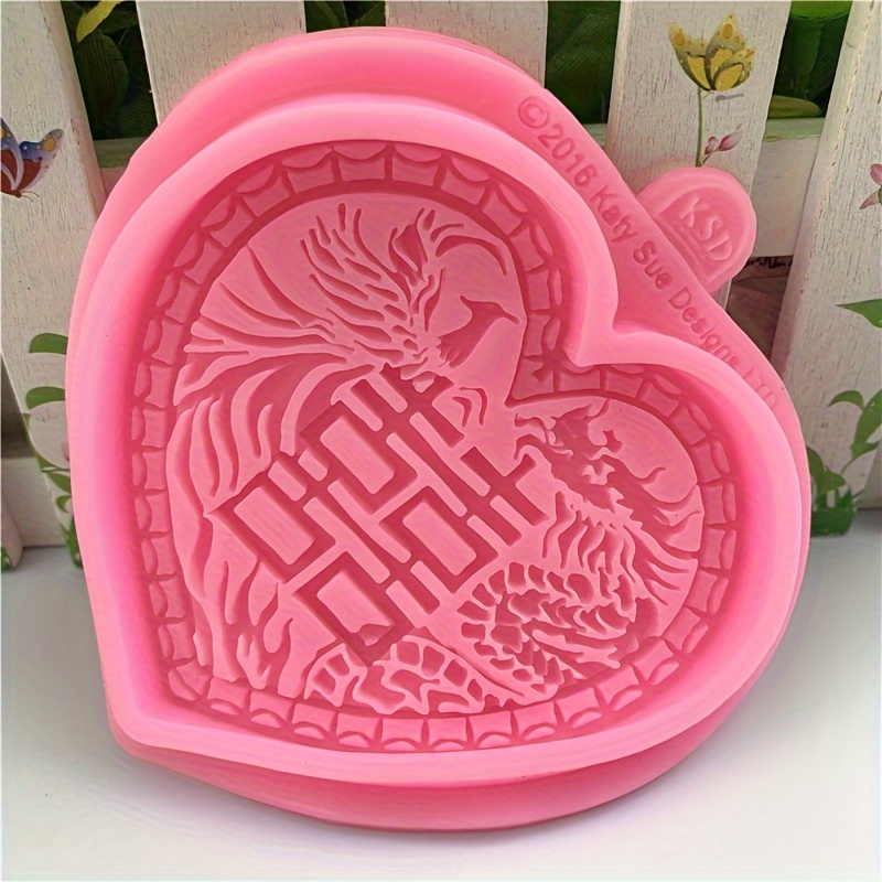 

Silicone Heart-shaped Dragon And Phoenix Wedding Cake Mold - Chinese Symbol Of Double Happiness Totem, Uncharged Bakeware Tool For Cake Decoration And Sugar Craft.