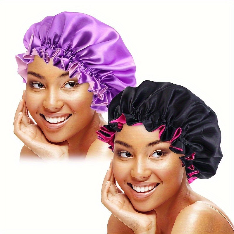 

2pcs Satin Bonnet Cap Double-layer Silk Sleeping Head Cover For Women Adjustable Lined Hair Wrap For Long Curly Hair