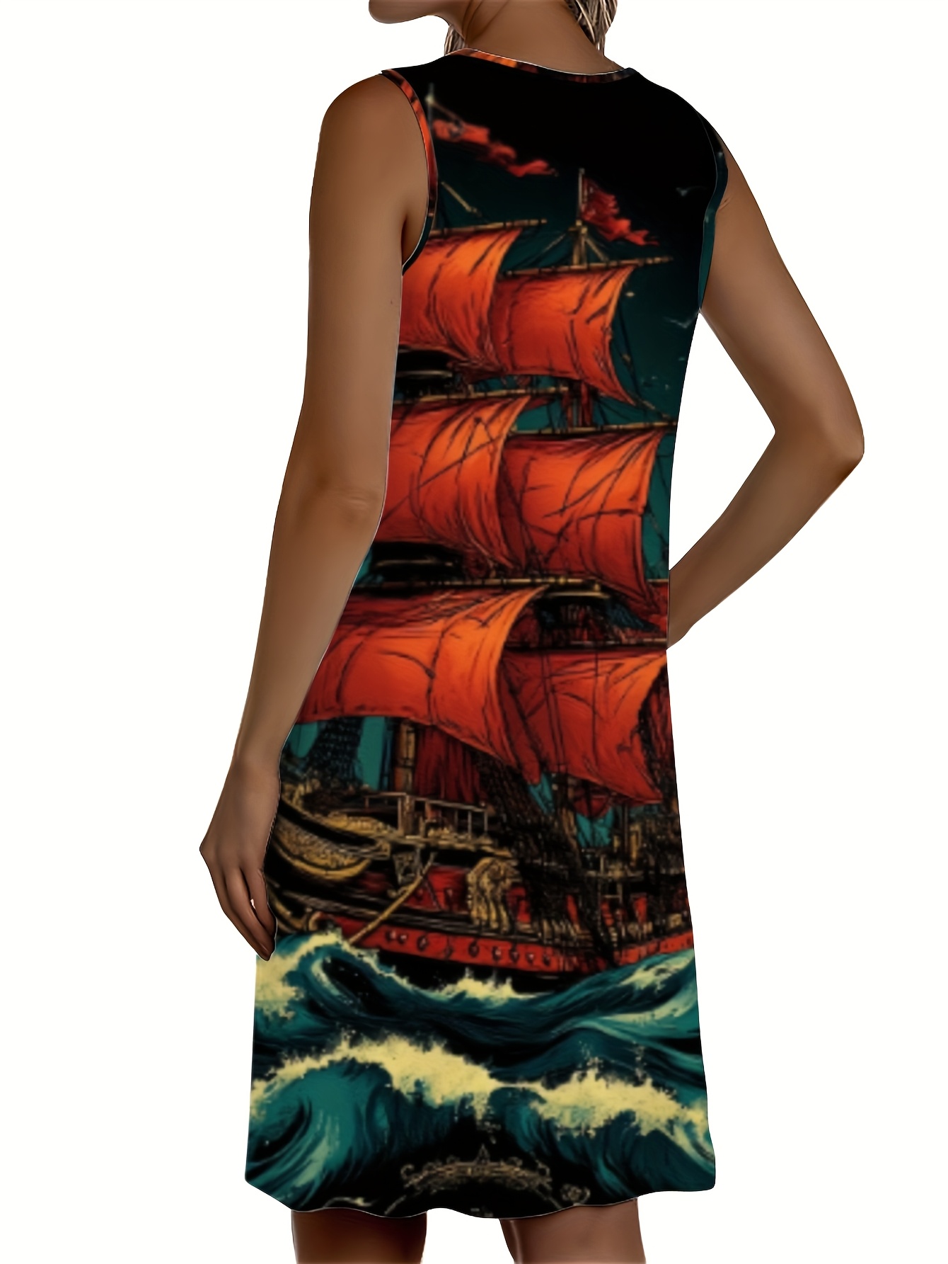 womens casual sleeveless dress with vibrant sailing ship graphic print soft breathable fabric round neck   length machine washable   wear comfortable fashion colorful apparel   clothing