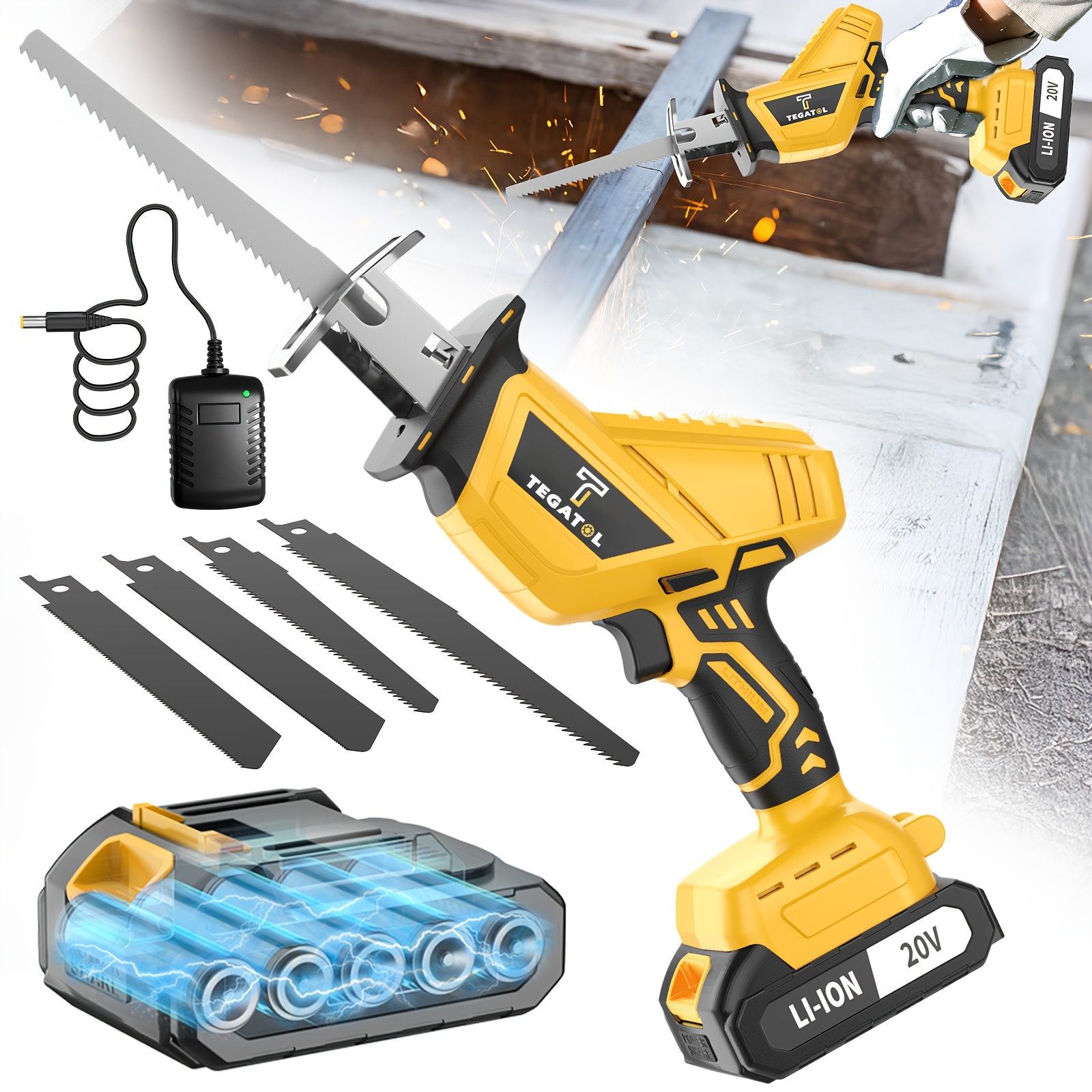 TEMU 20v Cordless Reciprocating Saw, Equipped With 4 Saw Blades And Lithium Battery, Suitable For Cutting Wood, Metal, And Pvc. Compact Electric Saw,