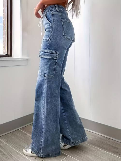 2025 new style womens leisure straight leg jeans with laces and multiple pockets casual fashion denim fabric sweatpants jeans fit womenswear