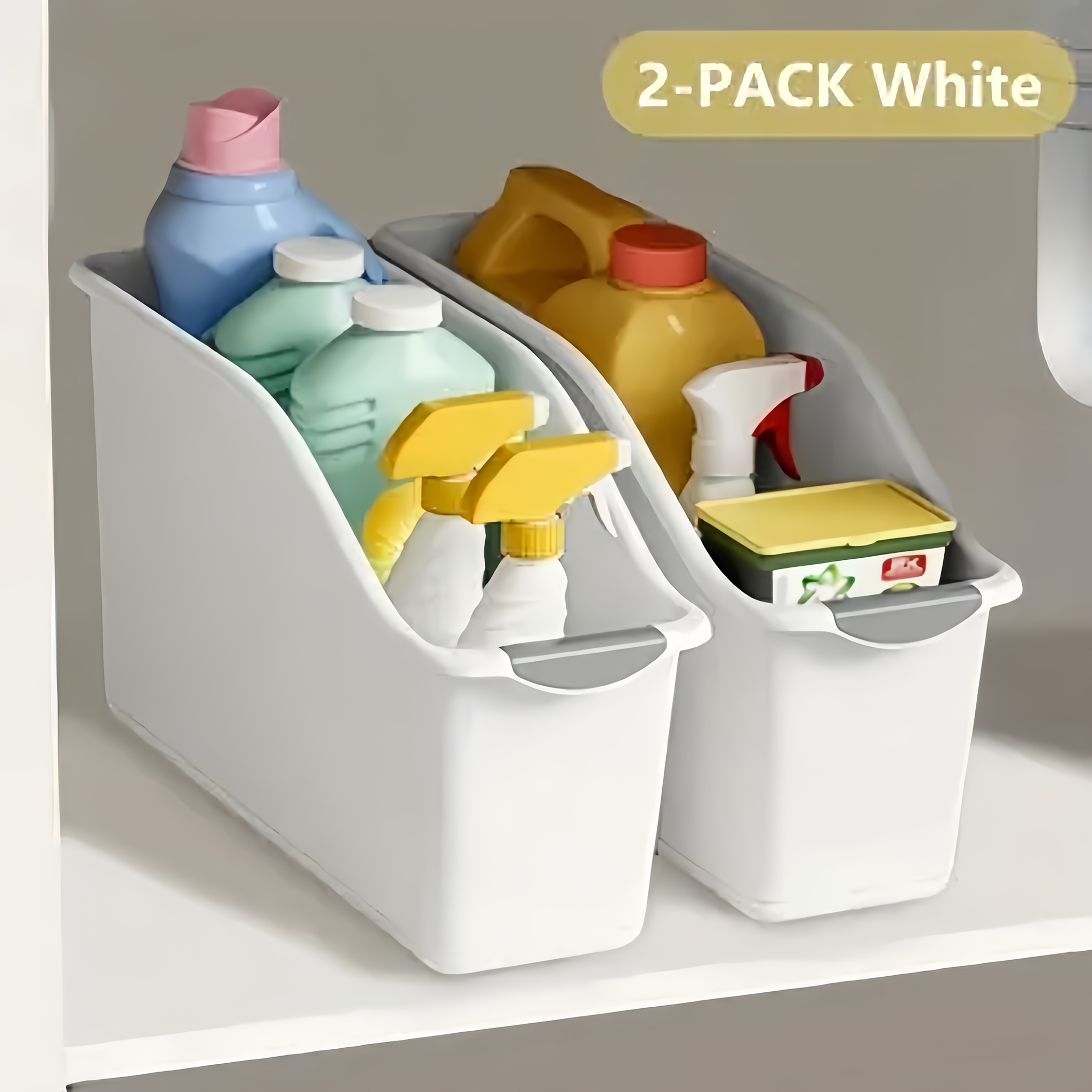 item picture 2pcs Curved Design Storage Boxes - Heavy-Duty Plastic Organizer, White Space-Saving Container for Under Sink, Pantry & Cabinet Organization - Suitable for Cleaning Supplies, Household Essentials & Kitchen/Bathroom Storage, No Assembly Required