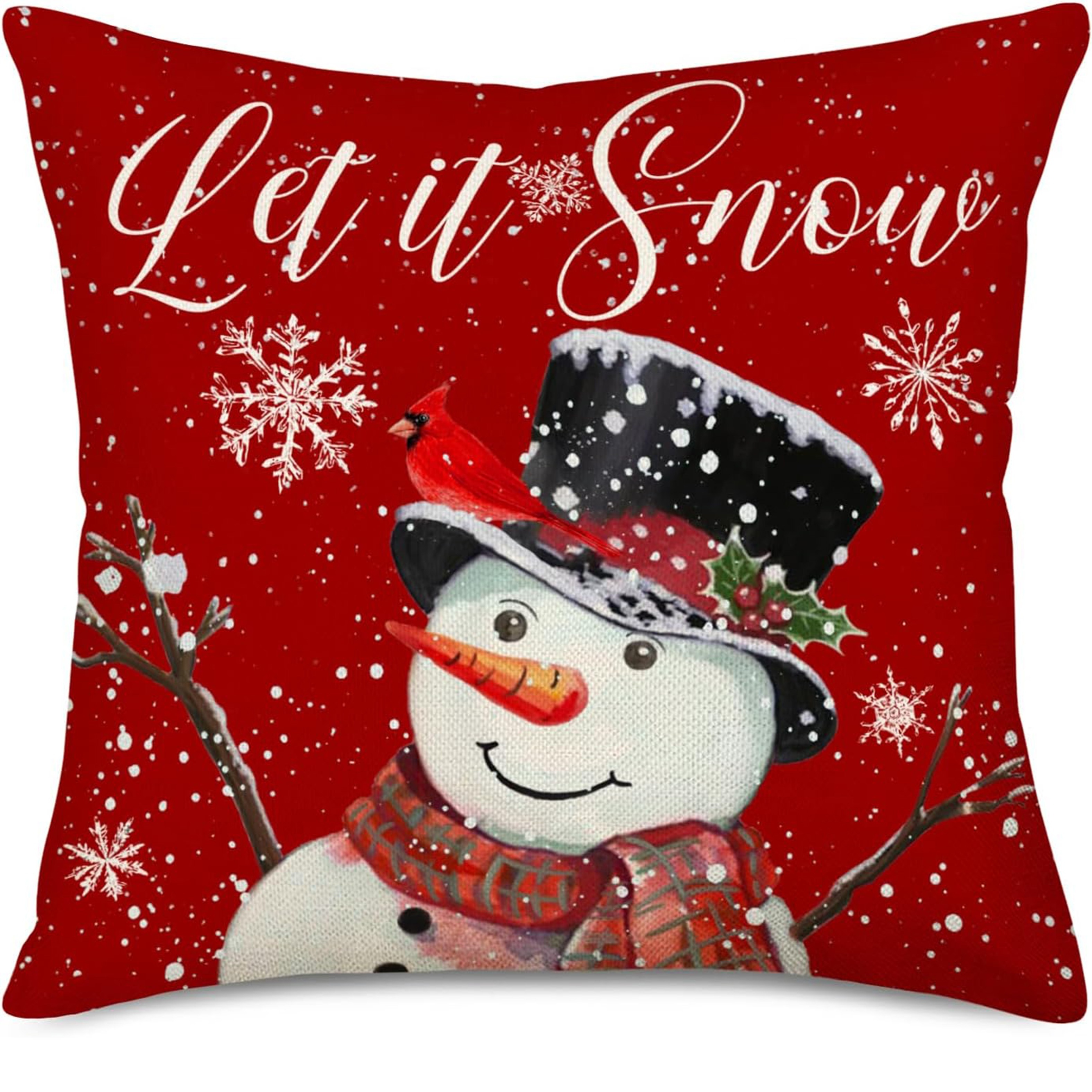 

Snowman & Red Linen Pillowcase - Winter Design For Christmas, Farmhouse Decor, Outdoor Porch & Patio Cushion Cover, Machine Washable, Zip Closure