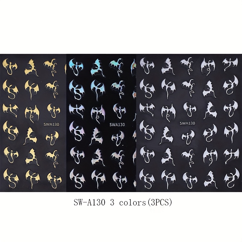 Image of New Cross-border Halloween Nail Stickers Featuring 3d Golden And Silvery Foil, Laser Animal Designs, Bats, And Dragons With Adhesive Backing For European And Styles