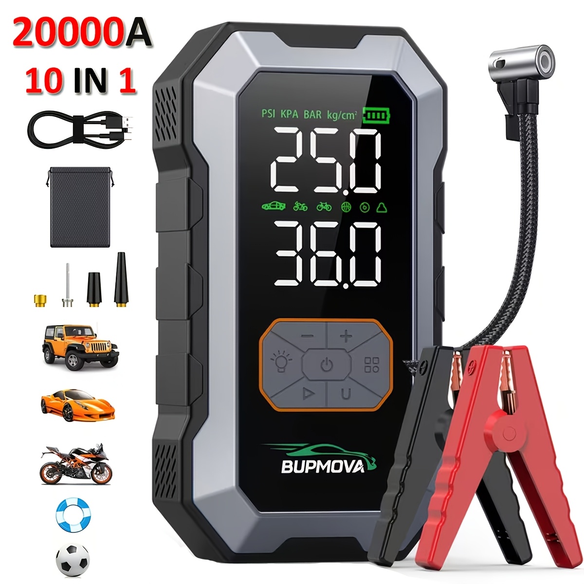 TEMU Arrancador de Coche con Compresor de Aire Inflador de Neumáticos Inalámbrico, Arrancador de Batería de 25000mAh de Batería Externa y Linternas
