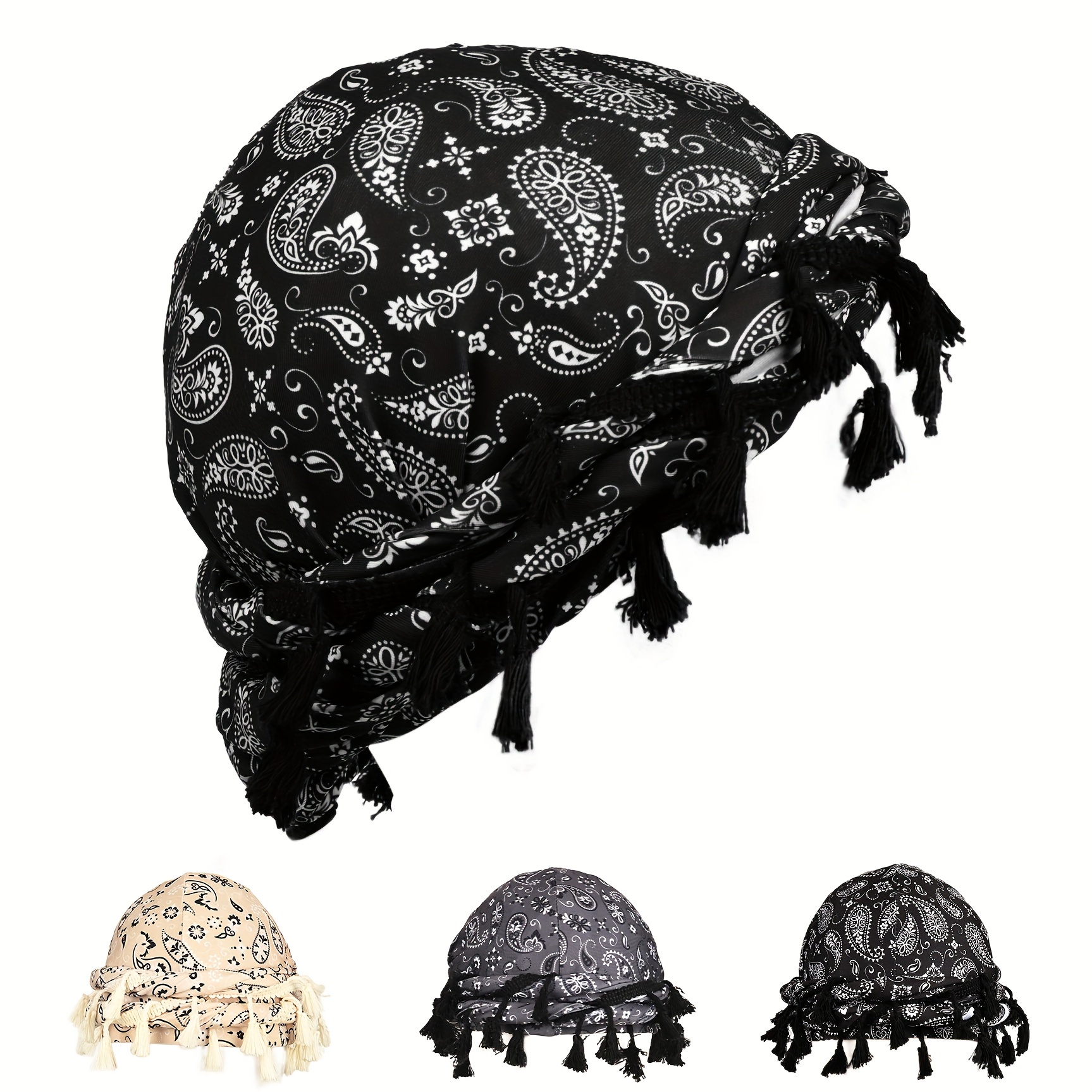 

Turban en Velours Ellitina avec Doublure en Satin de Soie - Bonnet de Sommeil Hypoallergénique pour Ondes, & , Motif Paisley, Disponible , Blanc,