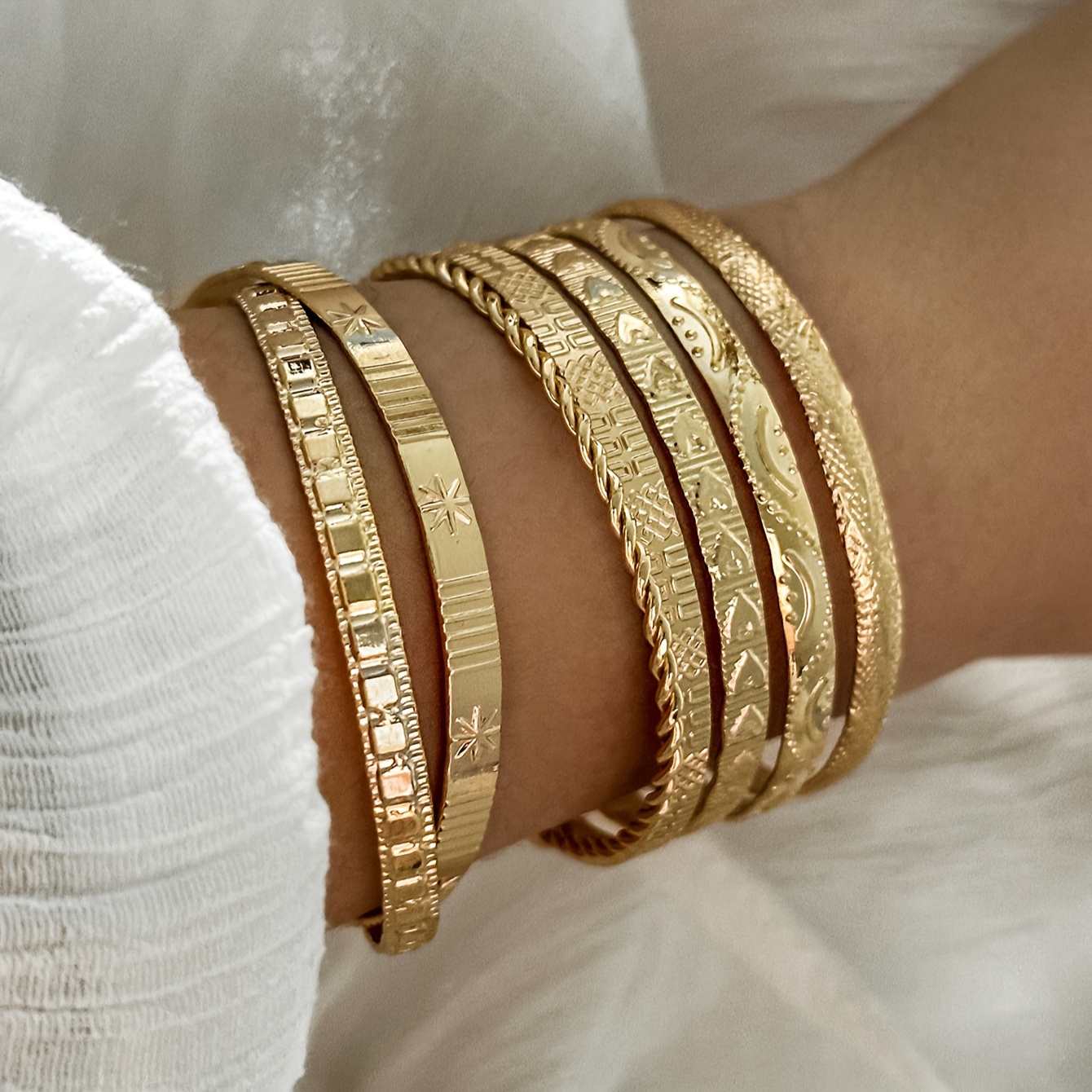 Ethnic Style Stacked Bracelet Set with Carved Patterns