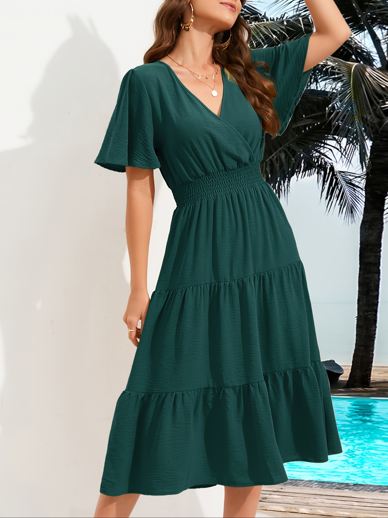 womens casual wrap v neck midi dress long sleeve smocked - Temu