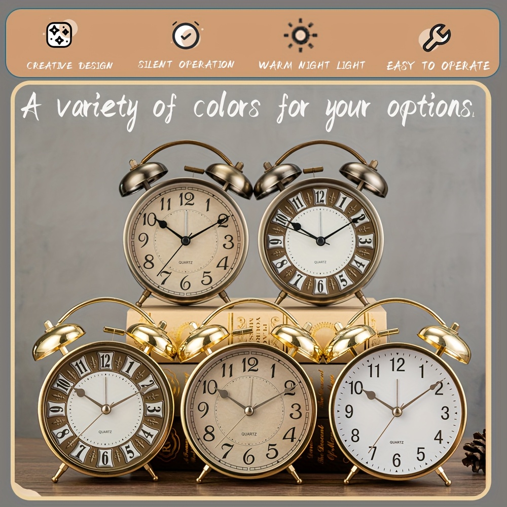 5.9-Inch Metal Retro Luxury Style Bedroom Alarm Clock, Silent Running Time, Mechanical Double Bell Design, Equipped with a Night Light, Can Be Placed in The Living Room, Office Or Dormitory to Add Some Color to The Space, (Batteries Not Included)