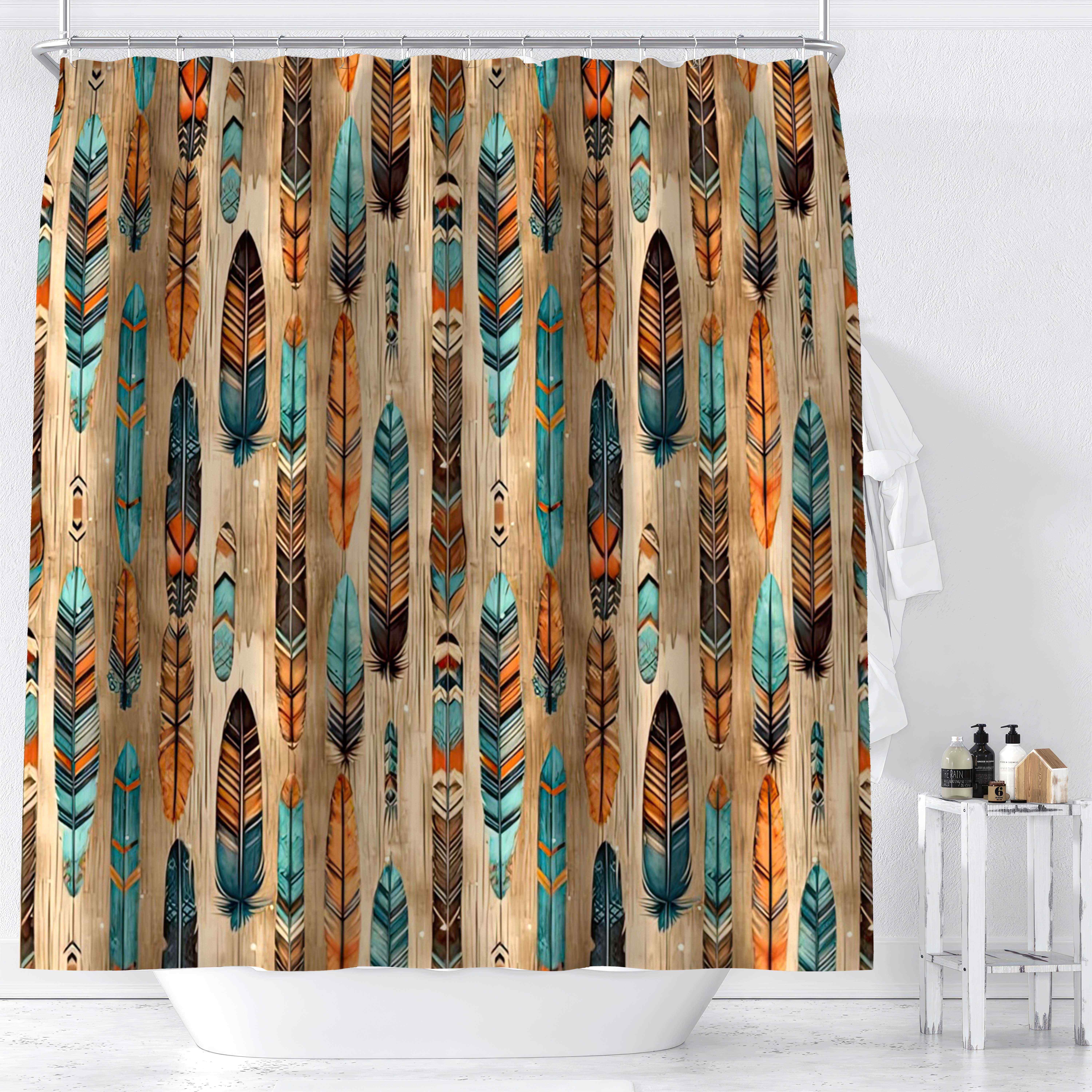 

1pc Vintage Wooden Colorful Feather Digital Print Shower Curtain, Rustic Bathroom Decor, Waterproof Fabric