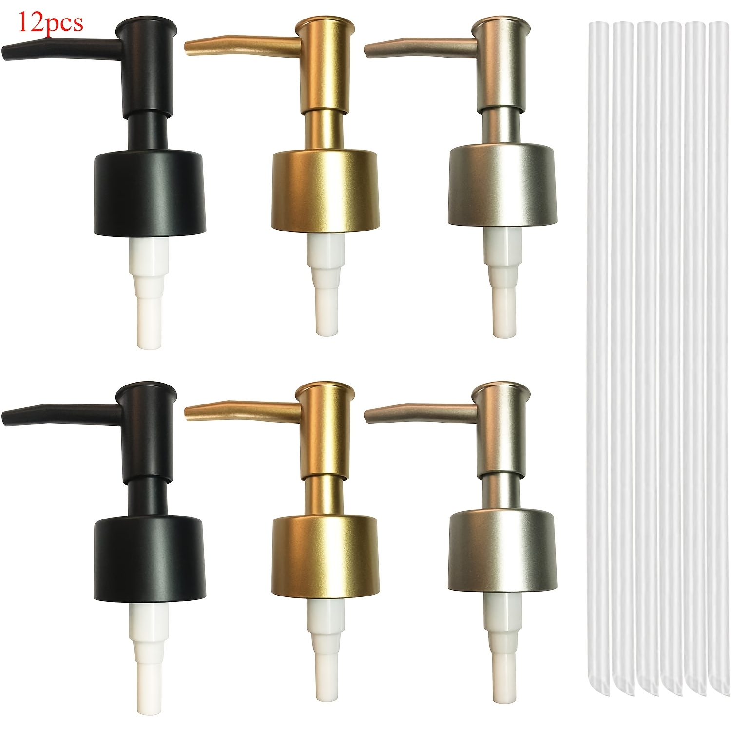 Image of Pack Of 12 Soap Dispenser Pump Head, 6 Soap Pump Plastic With 6 Tube Soap Pump For 25 Mm Thread Bottle Soap Dispenser For Kitchen, Bathroom, Hotels (golden/silvery/black)
