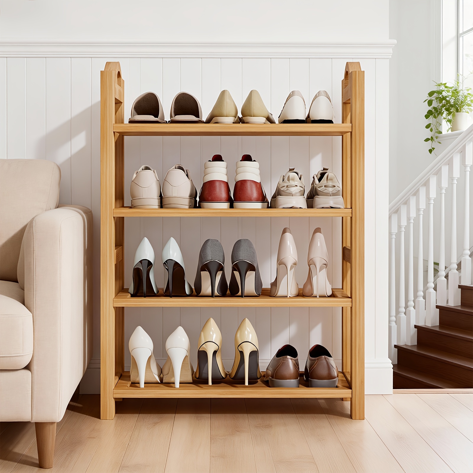 TEMU 4-tier Bamboo Shoe Rack, Space Saving, Easy To Assemble, Large Capacity, Ideal For , , Dorms And Apartments, Multi-functional Shelving Unit,
