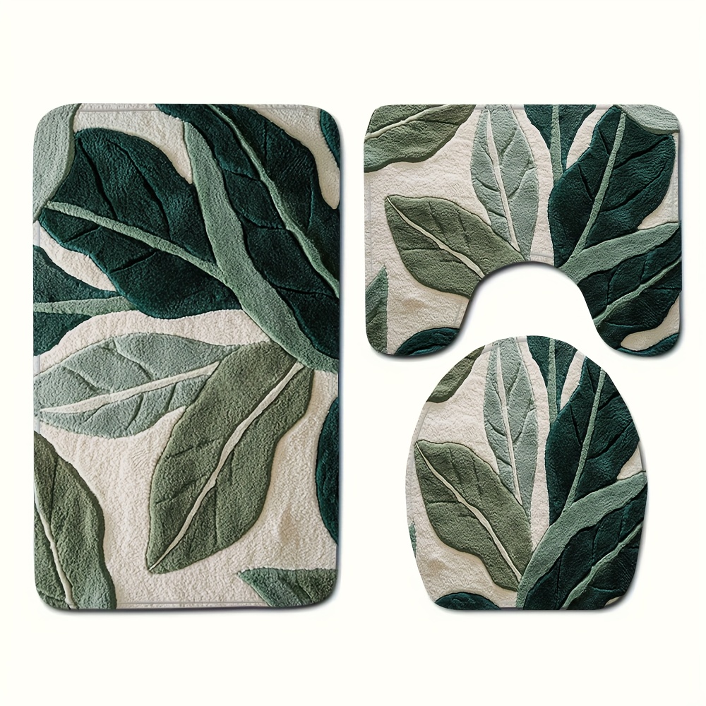 TEMU 3pcs Abstract Green Leaf Print Bathroom Rug Set, Toilet Lid Cover, U-shaped Toilet Mat, Flannel Material, Soft Surface, Non-slip Bath Mats