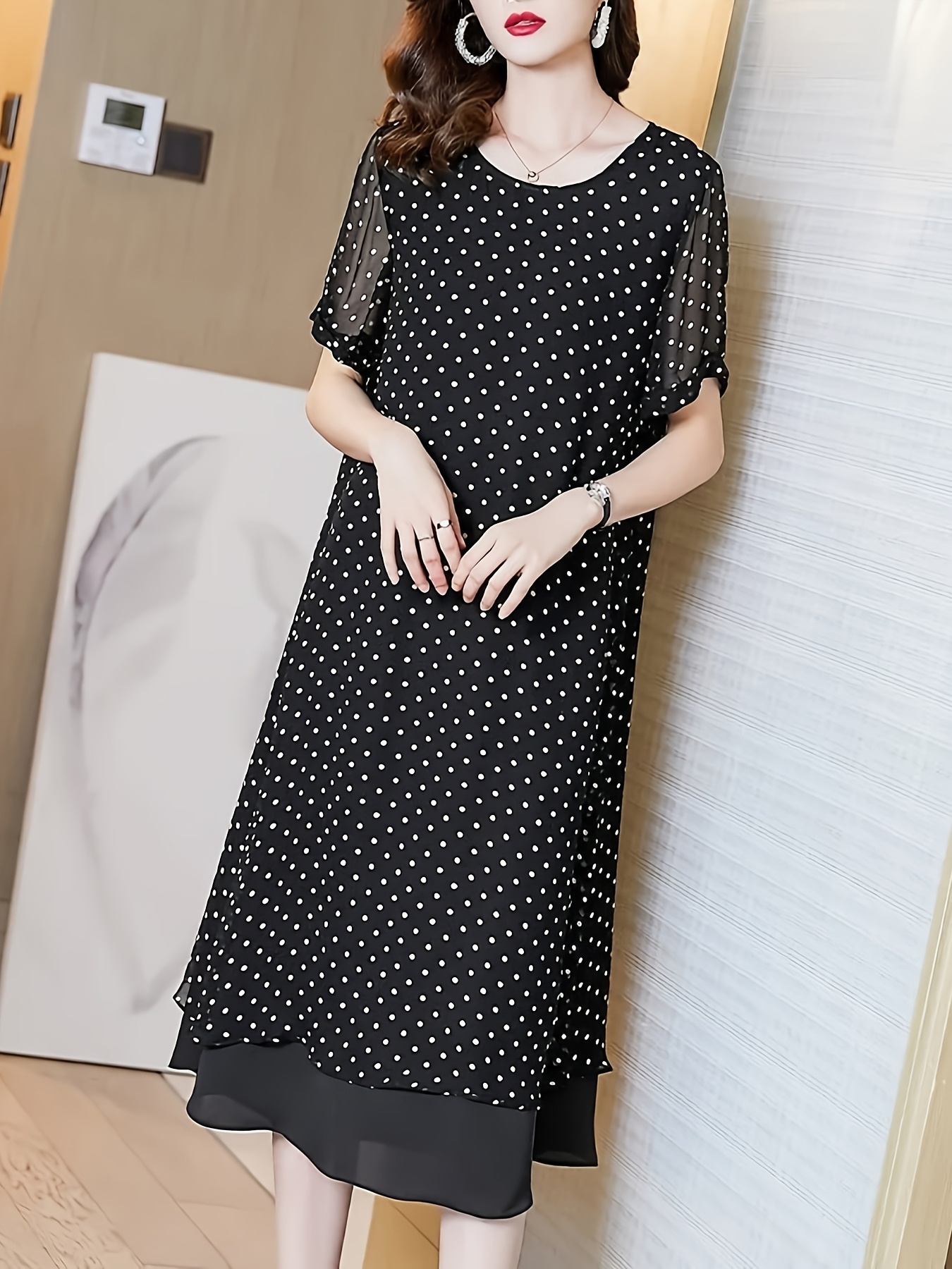 Elegant Dress for Women Short Sleeve, Polka Dot, French Style, Loose  Fit with Long Skirt, Ideal for Spring/Summer/Fall, Versatile Lon