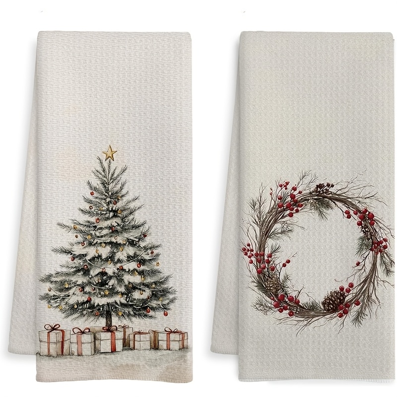 TEMU 2pcs Light Linen Gray Brick Vintage Christmas Kitchen Towels, Measuring 16 X 24 Inches, Perfect For Rustic Style Holiday Decor. Retro Farmhouse