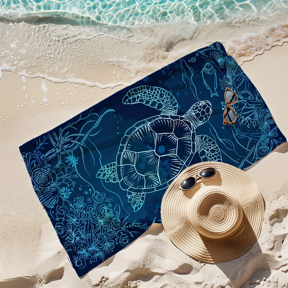 Soft Microfiber Beach Towel Sea Turtle And Coral Pattern Blue_voghion.com
