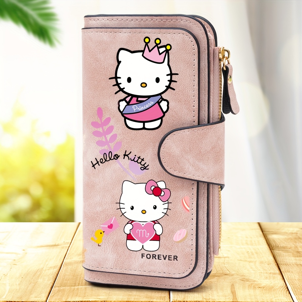 1pc Kitty Long Women's Wallet With Fold-over Closure And Zipper, Multi-functional Handbag, Anime Printed Design For Outdoor Commuting And Casual Use, Portable Clutch