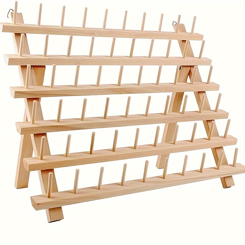 

60-spool Wooden Thread Holder With Hooks - Sewing And Embroidery Organizer Rack For Craft Storage