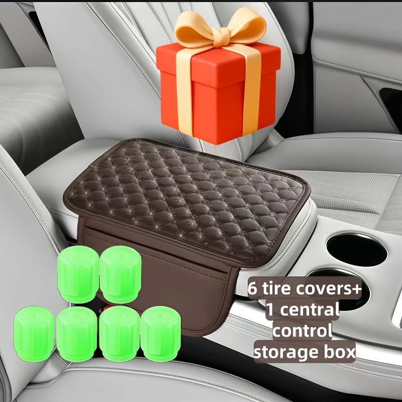 Ensemble de 7 pièces d'accessoires pour voiture, 1 coussin de rangement pour boîte d'accoudoir et 6 caches de valve, cuir synthétique épais de haute qualité 0.59In, multicolore