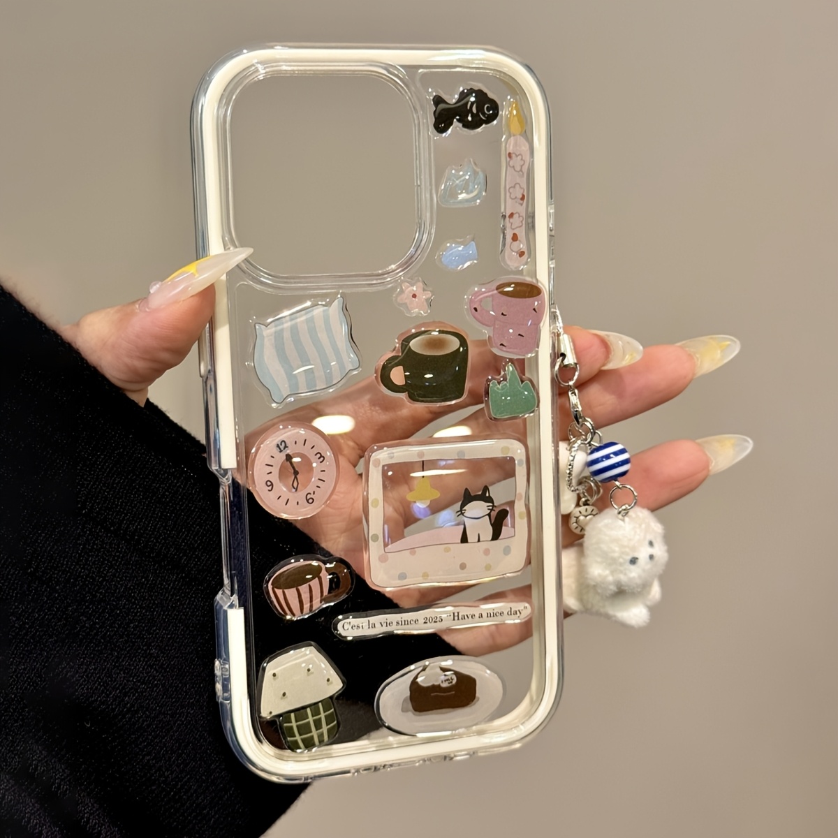 DIY Cute Funny Cat Cartoon Illustration Sticker Transparent Phone Case for iPhone 16 ProMax 15 14 13 12 11 Pro Max Lovely Pendant Clear Shockproof Cover