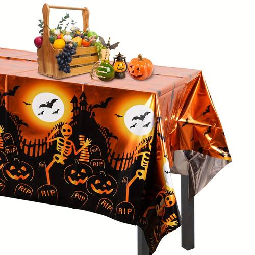photo de l'article nappe halloween & noël 137x183 cm - housse en plastique jetable avec squelettes effrayants, chauves-souris citrouilles et design de tombale rip pour décorations intérieures/extérieur