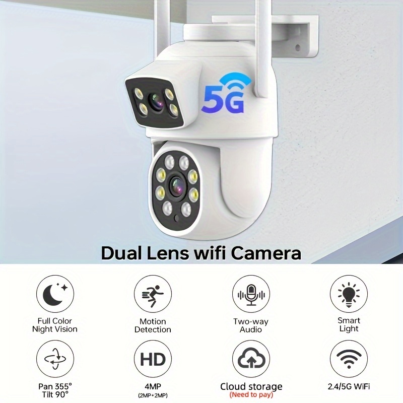 

2.4g/5g Wifi Security Cameras Outdoor Security Wireless 4mp(2mp+2mp) Dual Lens Human Detect Pan Tilt Auto Tracking Home Surveillance Camera Two-way Audio Color Night Vision Without Sd Card