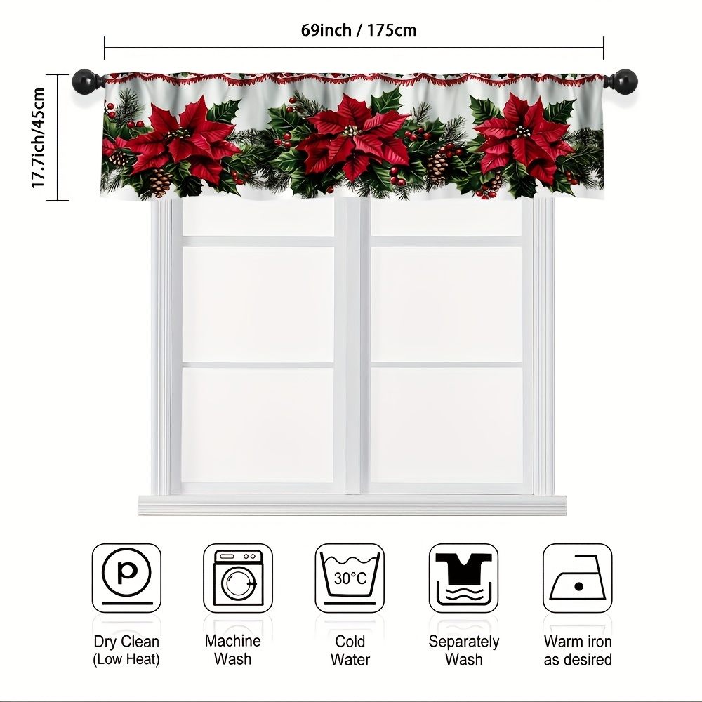 TEMU 1pc Space-themed Christmas Red Floral Print Valance &ndash; Ideal For Privacy And Decoration , Bathroom, And Living Room. Features A Rod Pocket For Easy Hanging