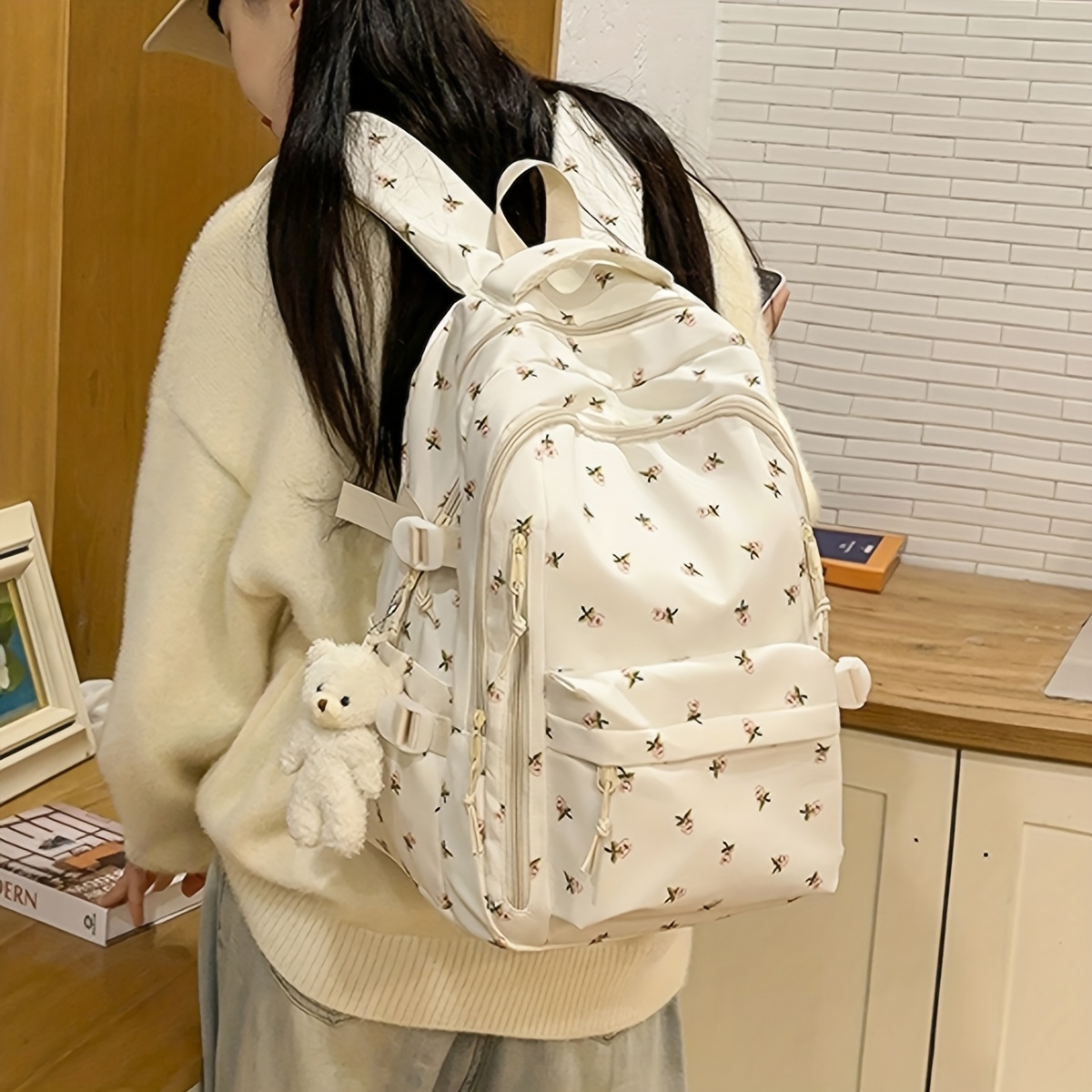 fashion printed rose ladies backpack multi compartment and pockets thick and sturdy student backpack with teddy bear pendant decoration large capacity details 10