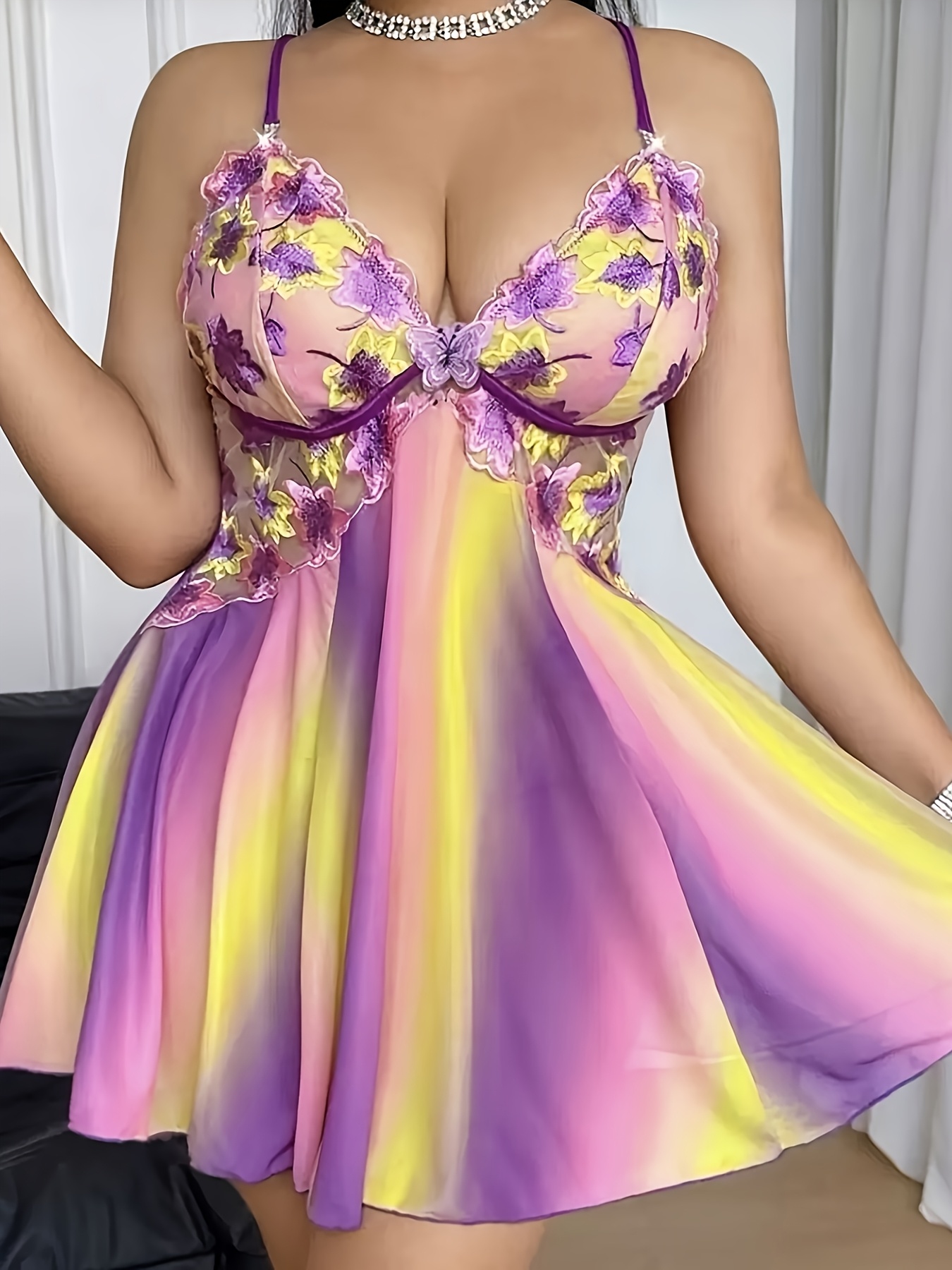 Embroidered Camisole Nightgown Set, Embroidered Patchwork Mesh Lace Home Sleepwear 2pcs Set
