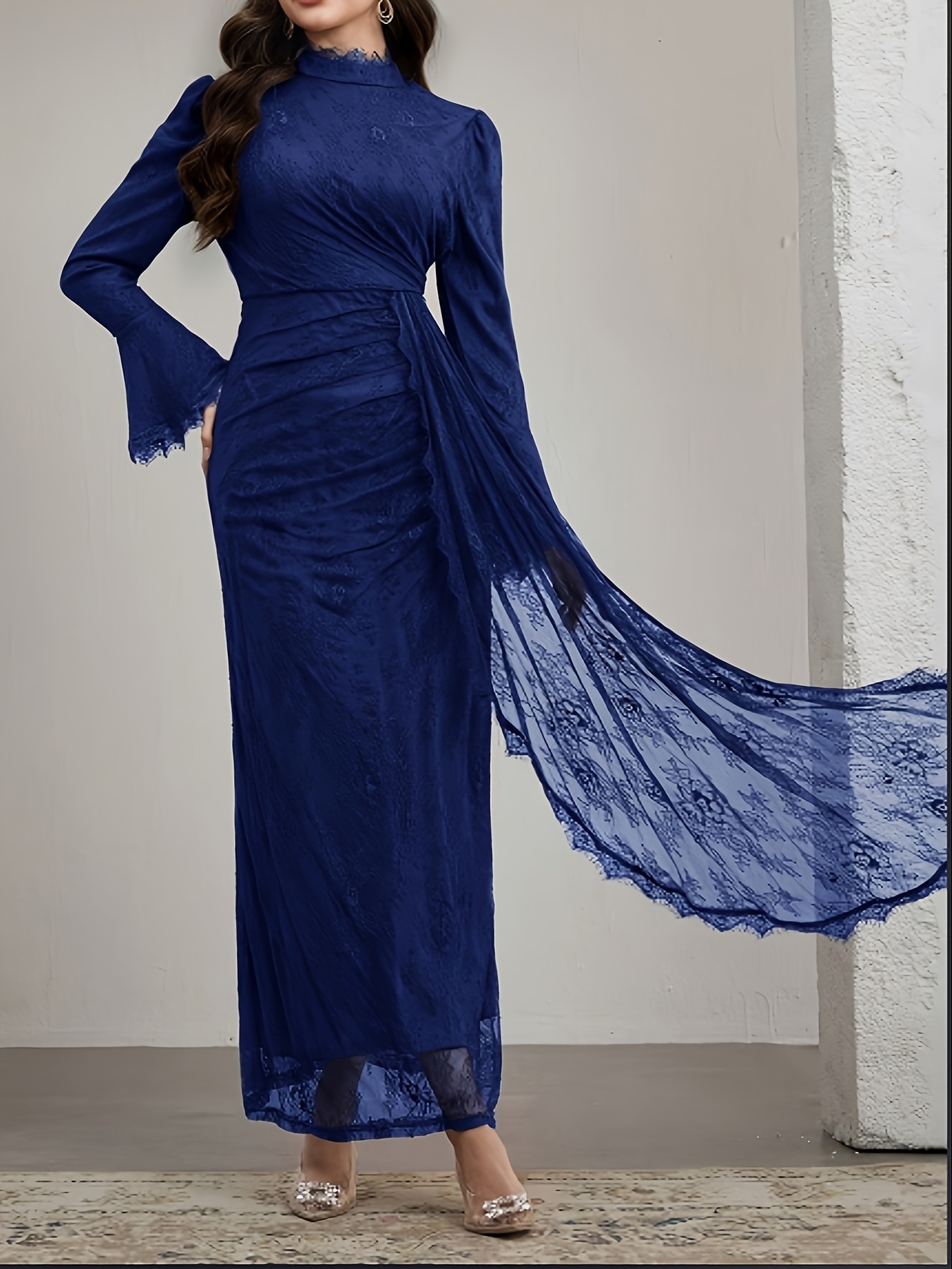 elegant long sleeve lace dress with ruffle neckline and belted waist stand collar long length suitable for     Product details 10