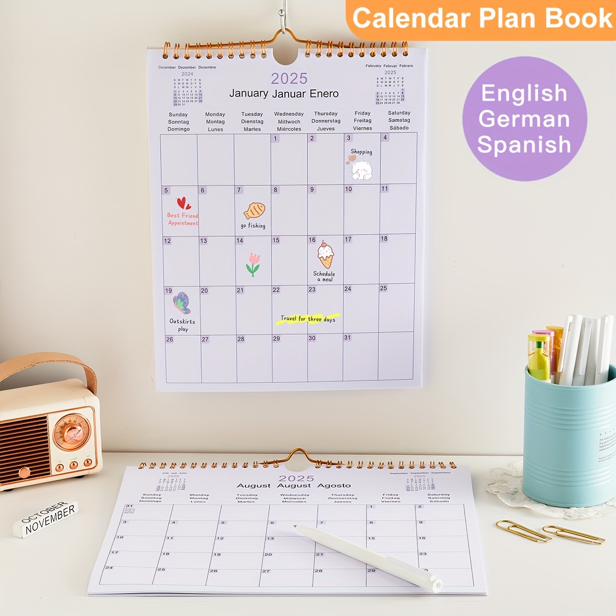

2025 Wall Calendar - January To December, 12-month Academic Planner, Monthly View, Multilingual (english, German, Spanish), Ideal For Office And Home Organization, 8.5 X 11 Inches, Thick Paper