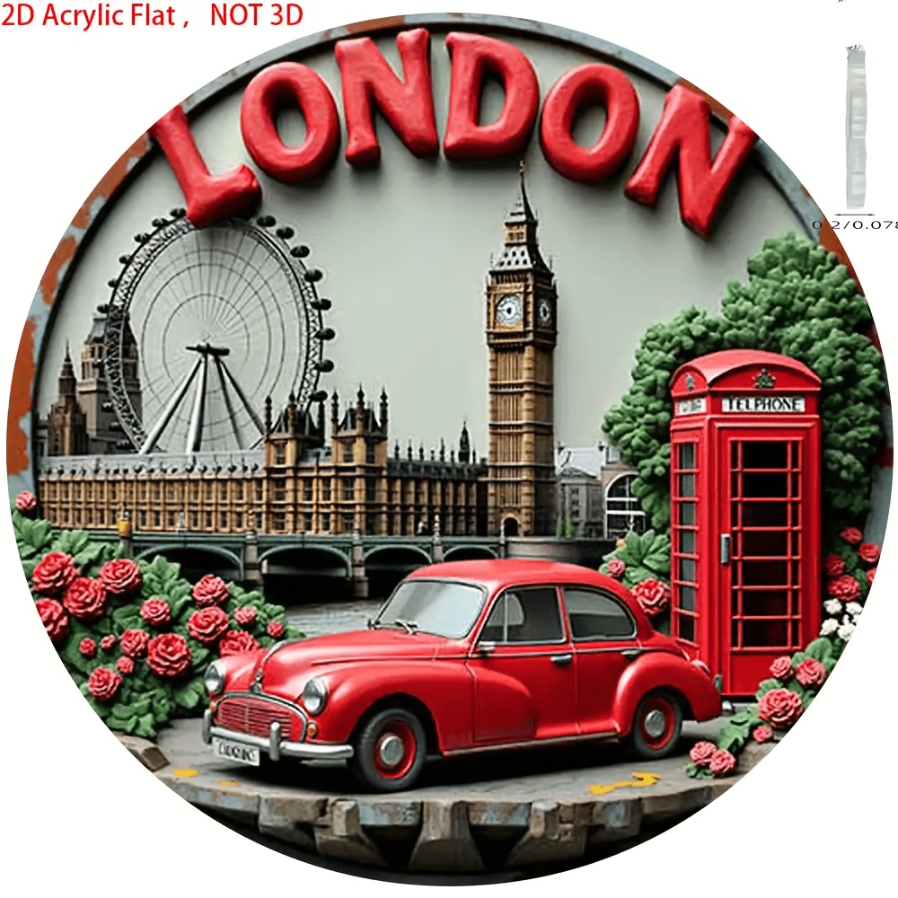 2dflat1 London Theme Acrylic Fridge Magnet, Including , Red Telephone Booth, And - 8.0cm Round Vibrant British Decoration, Suitable For Fridge, Mailbox, Home